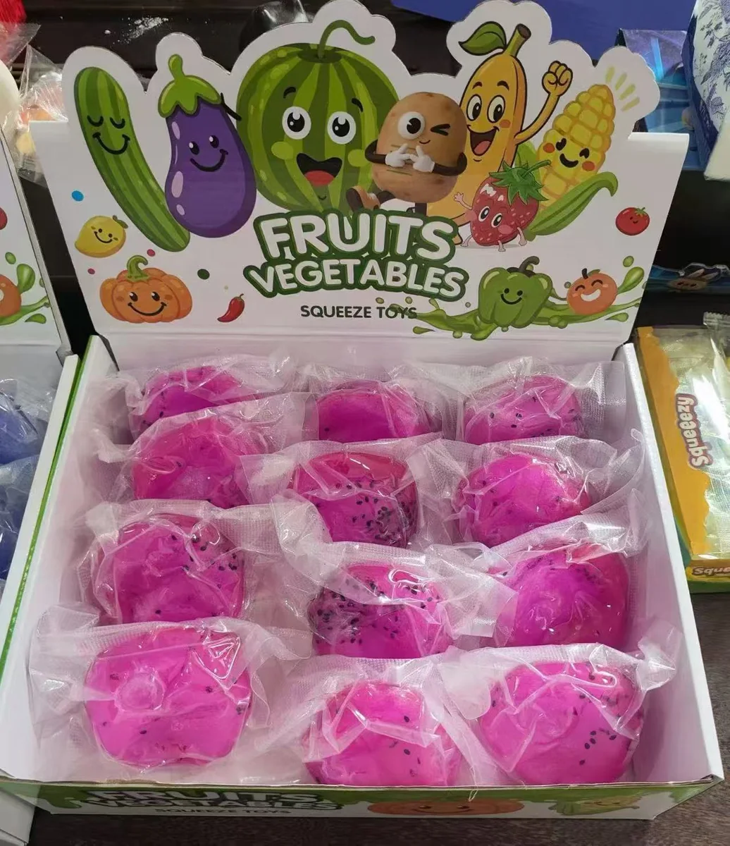 Pink fruit and vegetable squeeze toys